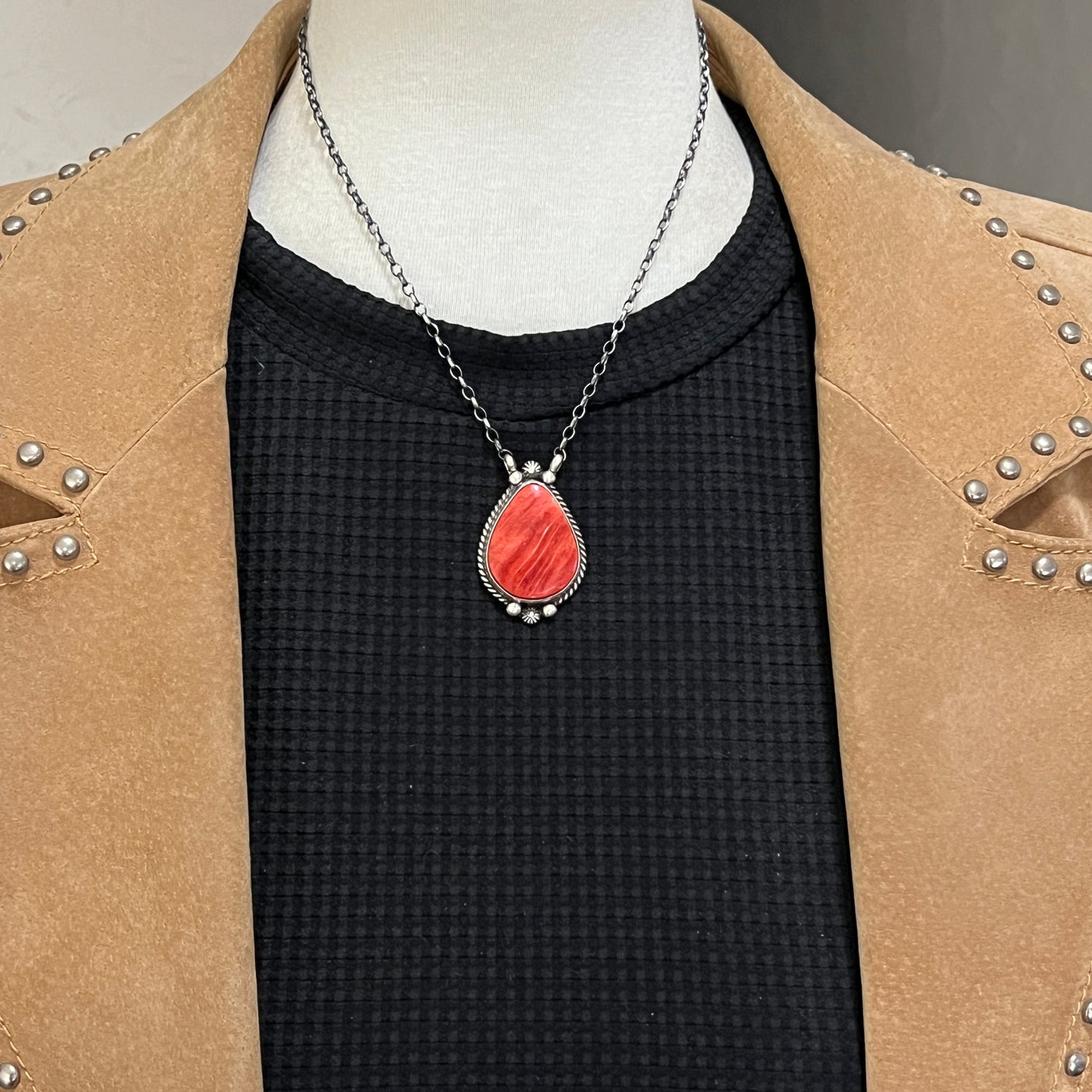16" Red Spiny Oyster Shell Necklace Choker Sterling silver Navajo Irene Kee