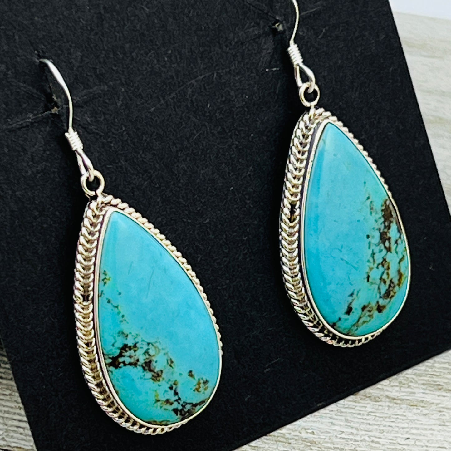 Blue turquoise teardrop earrings sterling silver Sharon McCarthy Navajo ER54