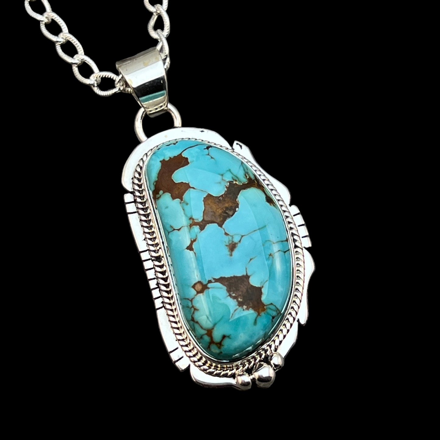 18" Sterling silver #8 Spiderweb turquoise necklace pendant Lucy Valencia Navajo 623