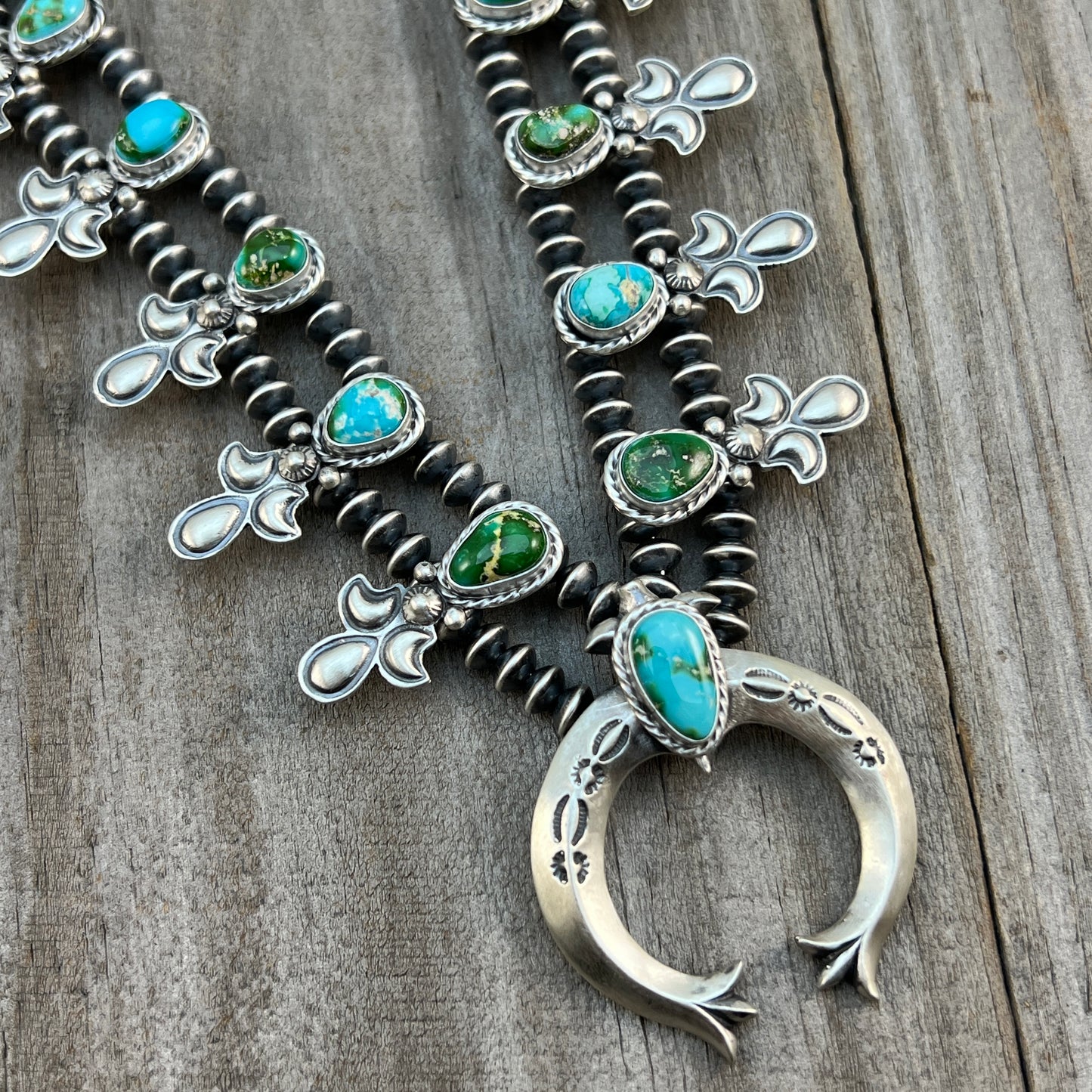 Sonoran Green Turquoise Small Squash Blossom Necklace Adrienne Gordon Navajo 515