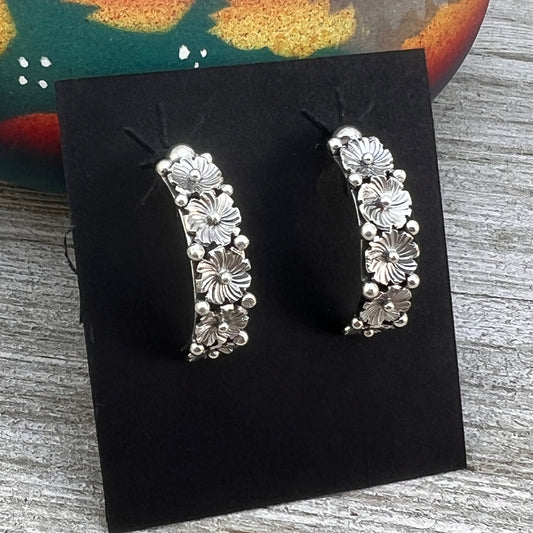 Sterling Silver Floral flower Small Hoop Earrings, Navajo Handmade, Rita Montoya