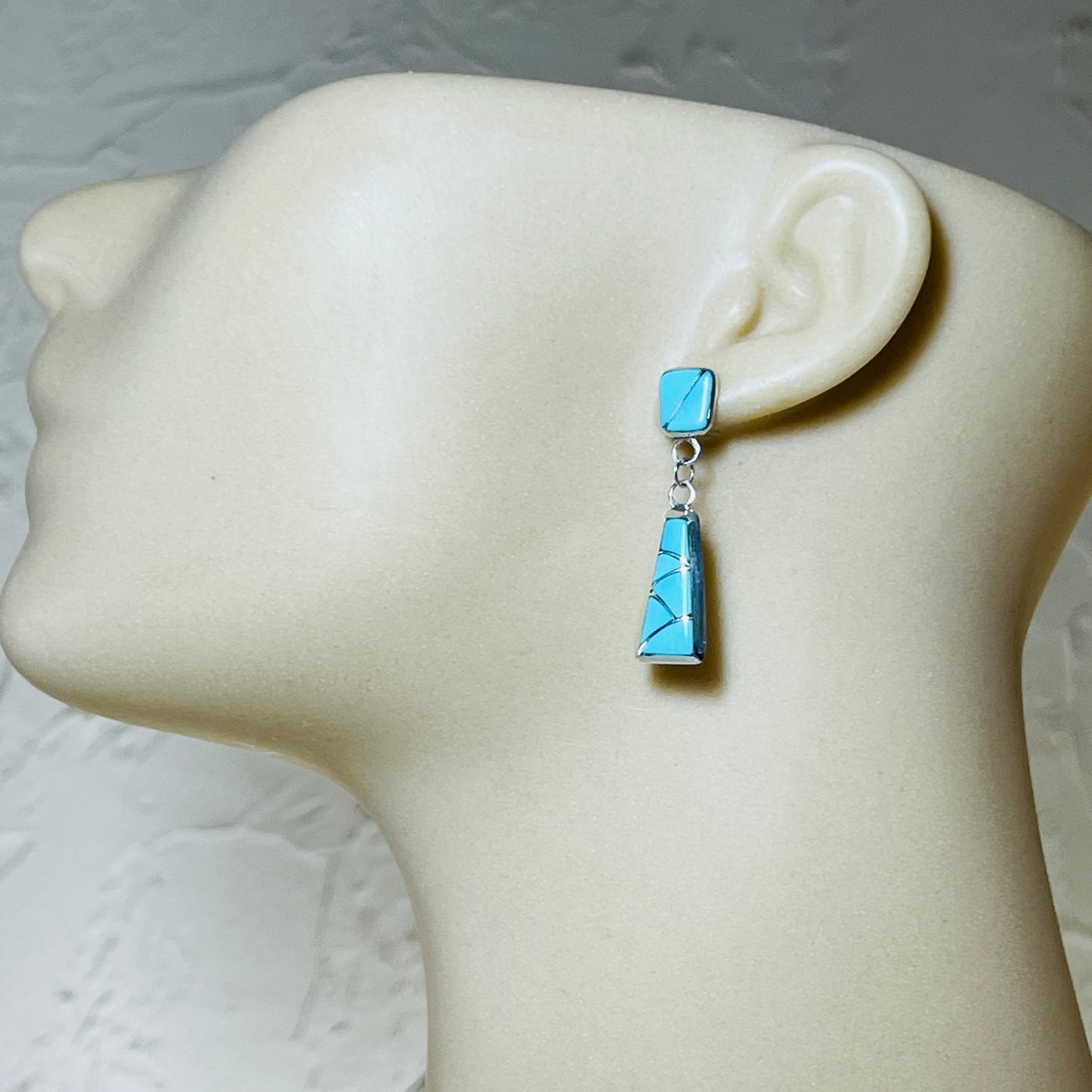 Modern Turquoise fish scale inlay Dangle earrings Stewart Tucson Zuni Sterling silver ER44