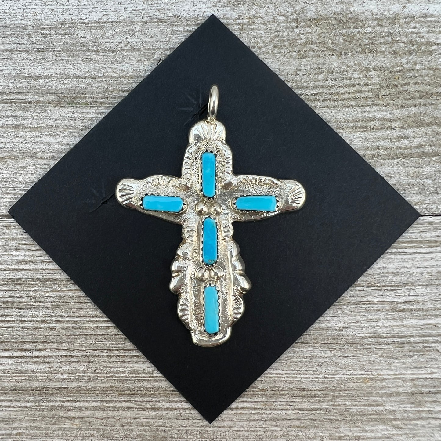 Turquoise Zuni Fat Cross Pendant, Handmade by Zuni artist, Cecelia Iule, signed, sterling