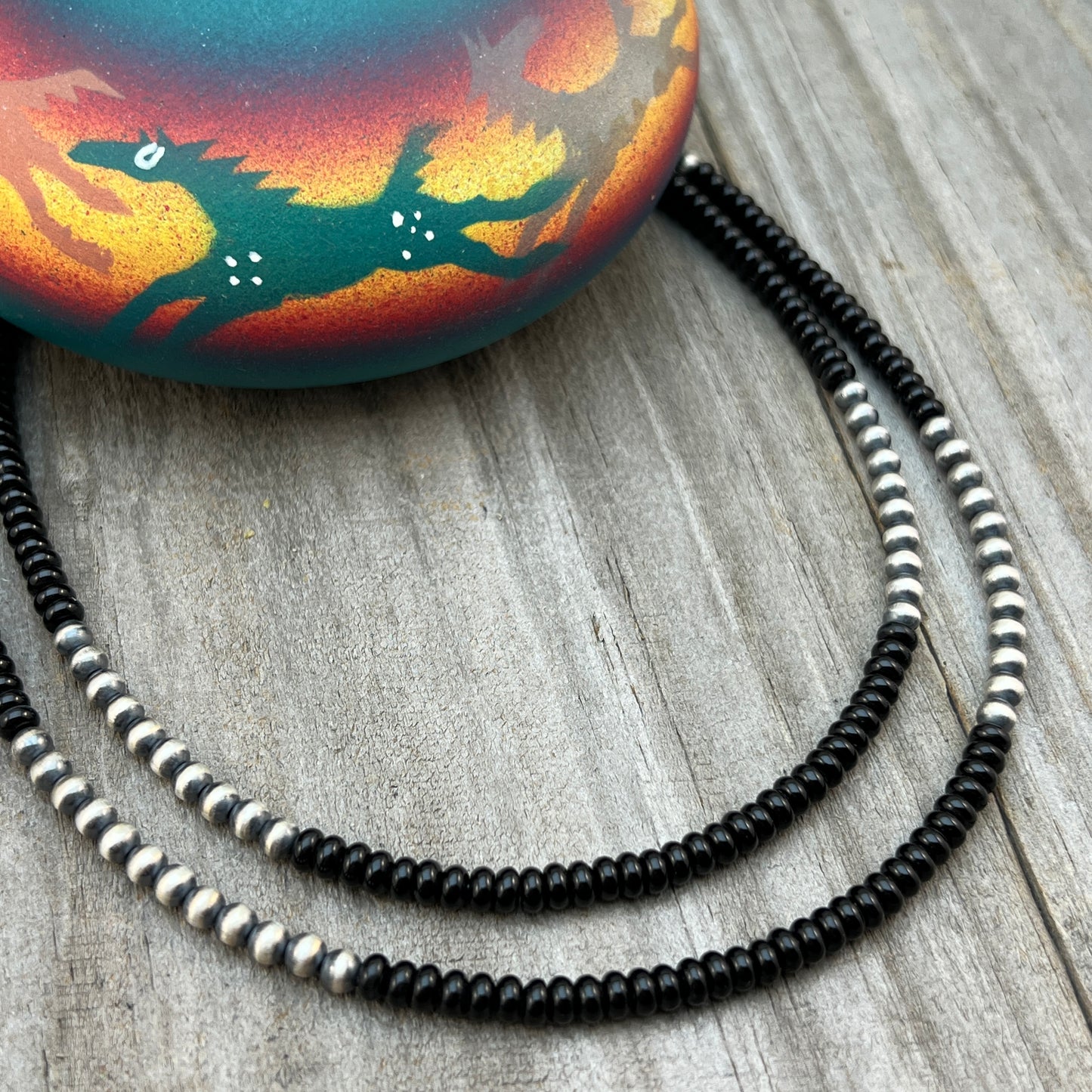 Real 925 sterling silver 4mm Black Onyx Necklace Oxidized Pearl BOHO Western Jewelry