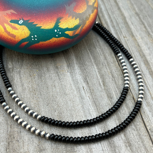 Real 925 sterling silver 4mm Black Onyx Necklace Oxidized Pearl BOHO Western Jewelry