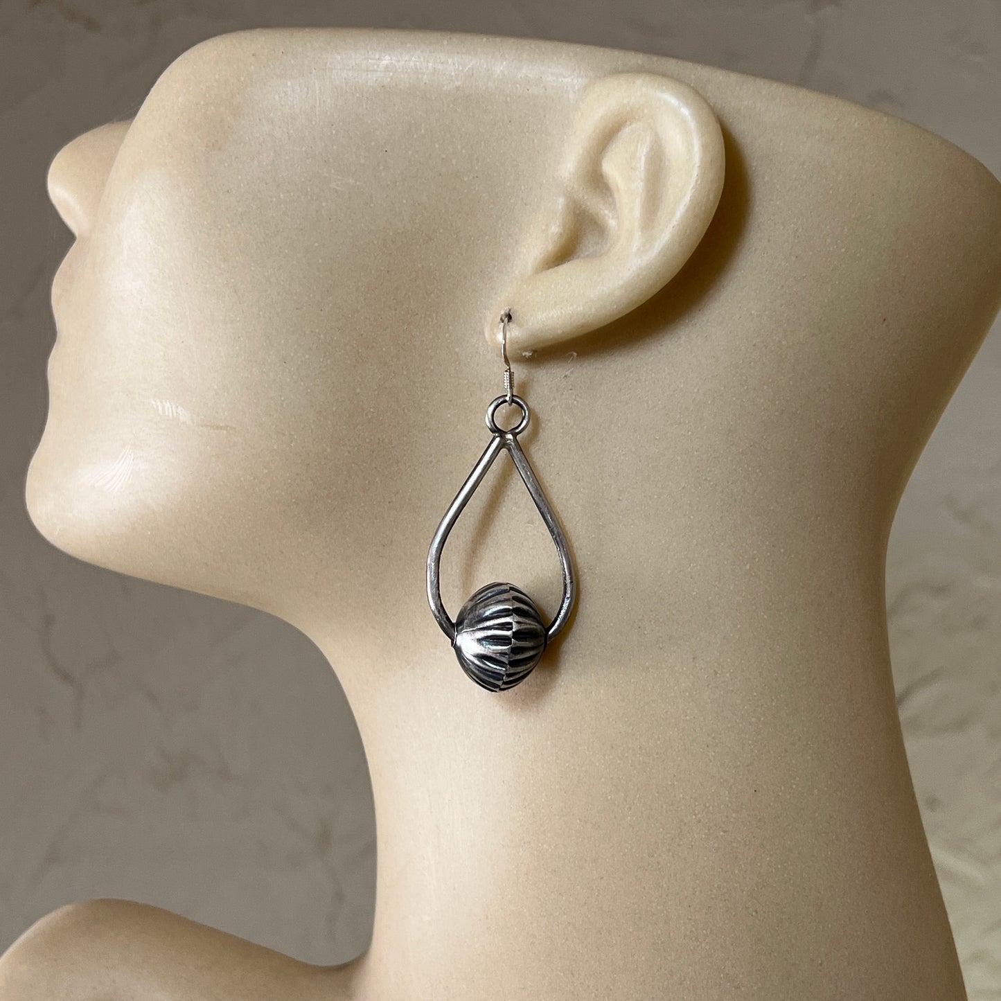 Long Fluted handmade Bead Navajo pearl drop Earrings Sterling Silver Preston Haley 636