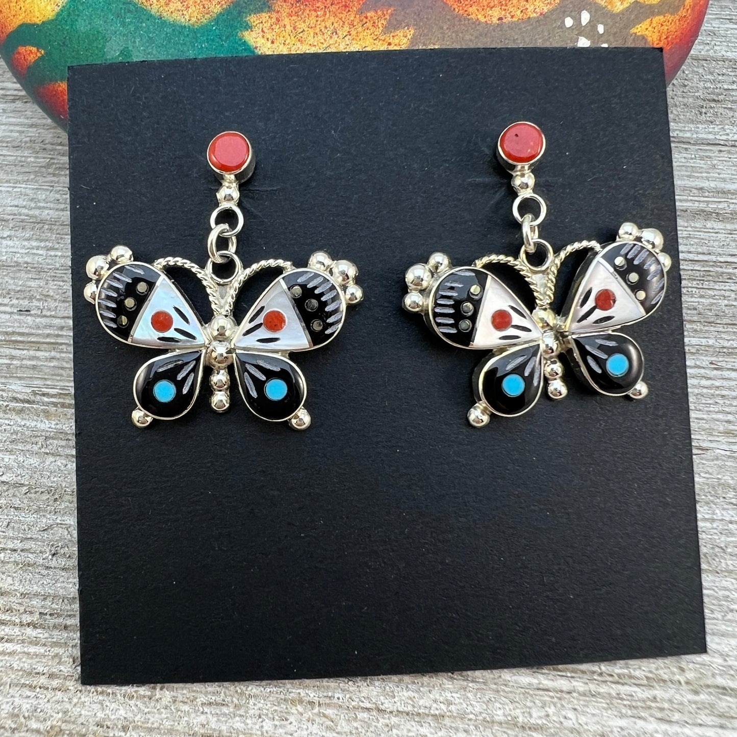 Zuni inlay Butterfly dangle earrings, sterling silver, handmade by Leavus Ahiyite, signed