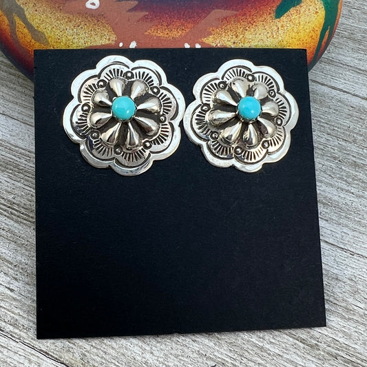 Stamped Concho Stud Earrings with turquoise, Navajo handmade Jennie Blackgoat,