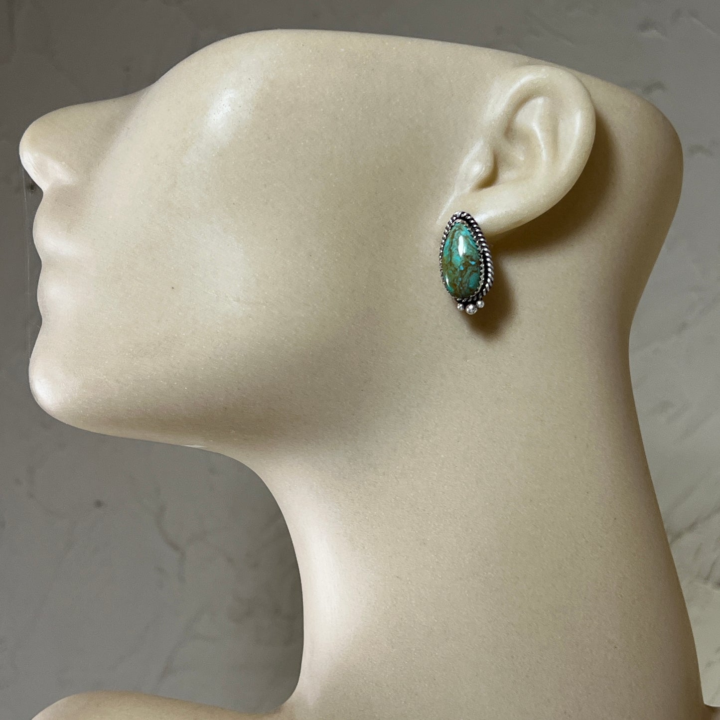 Green Kingman Turquoise Teardrop stud earrings sterling silver Theresa Smith Navajo 721