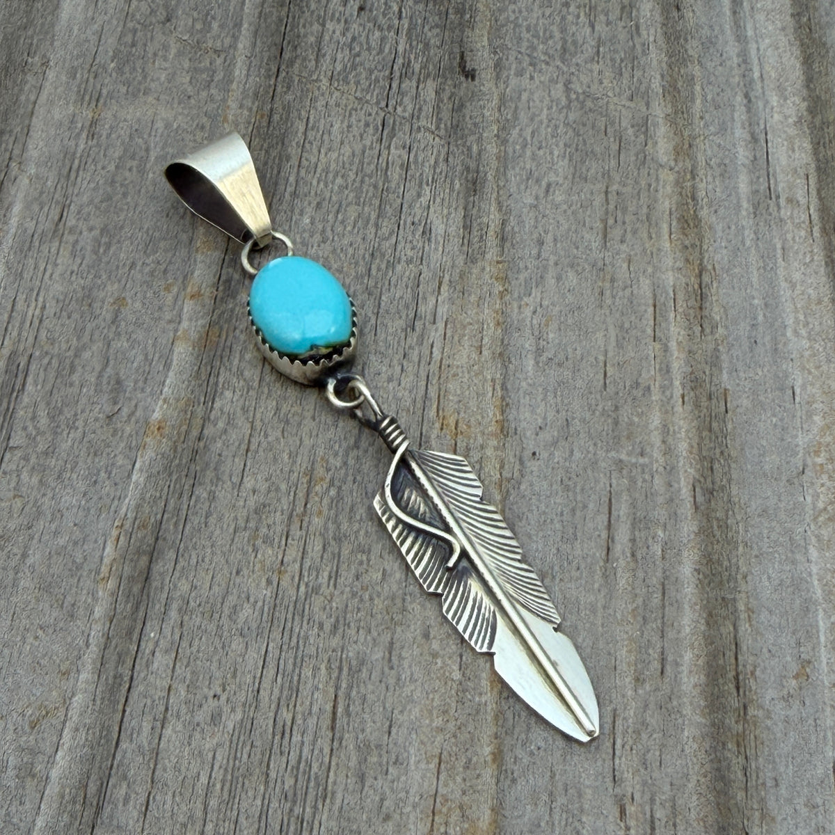 Blue Sonoran Turquoise sterling silver Feather Pendant Chris Charley Navajo PD1
