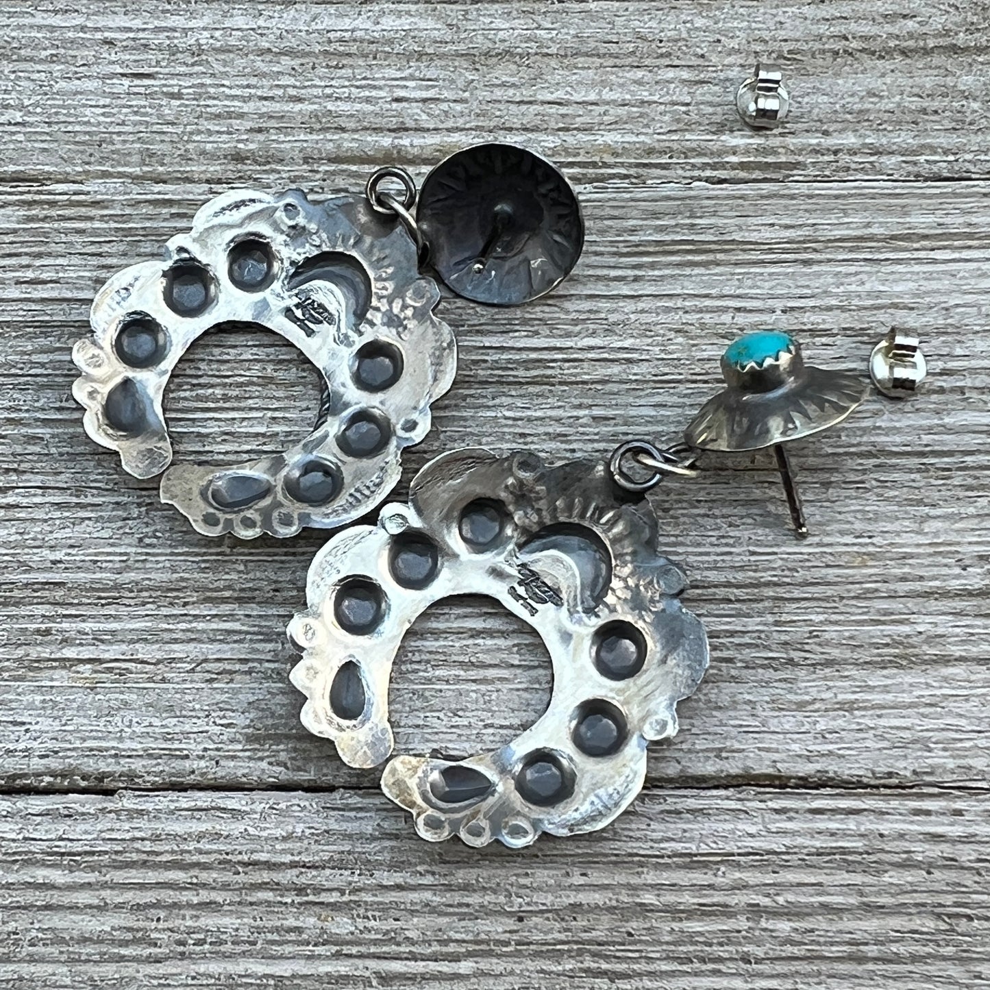 Sterling silver Turquoise Hand stamped naja concho earrings, Navajo Gabrielle Yazzie 4