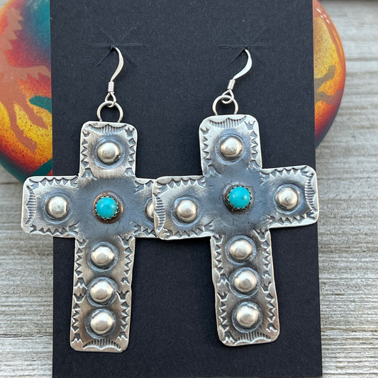 Navajo handmade large cross dangle earrings sterling silver turquoise Tim Yazzie 396