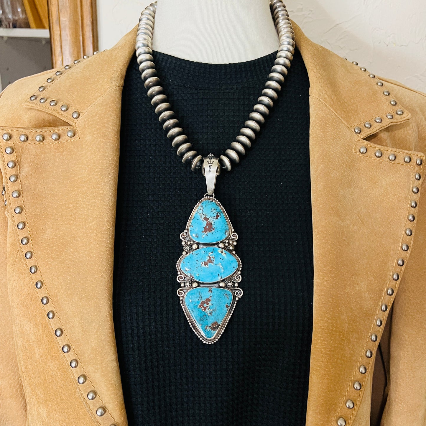 Very Large Blue Kingman Turquoise Pendant Sterling silver Navajo handmade Kathleen Livingston