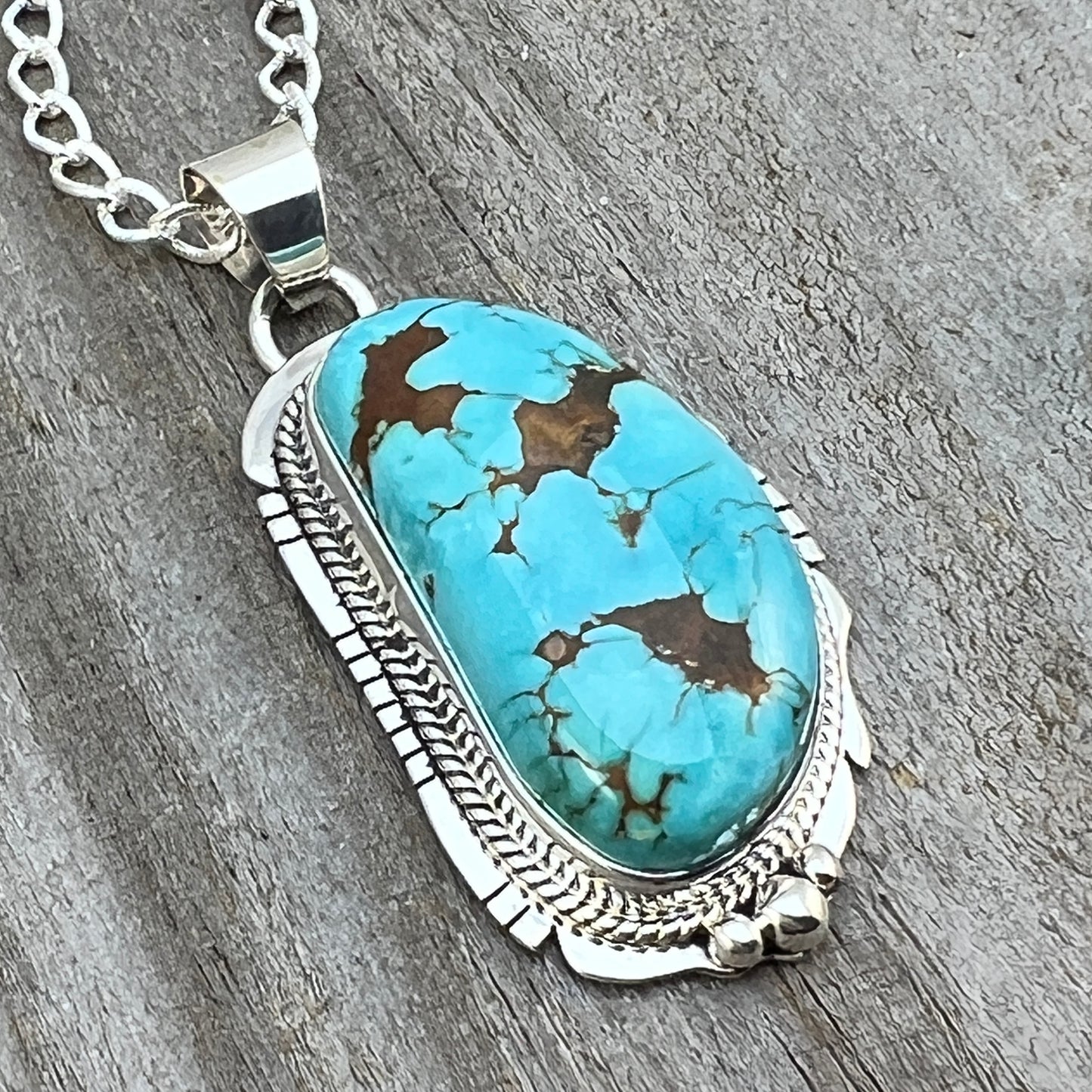 18" Sterling silver #8 Spiderweb turquoise necklace pendant Lucy Valencia Navajo 623