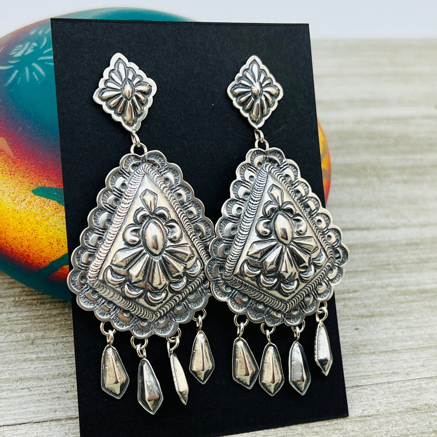 Large Stamped Concho earrings sterling silver Terry Charlie Navajo handmade ER29