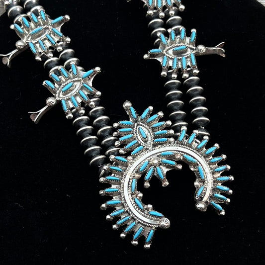 21 1/2" Needlepoint Turquoise Small Squash Blossom Necklace Zuni Renita Luna