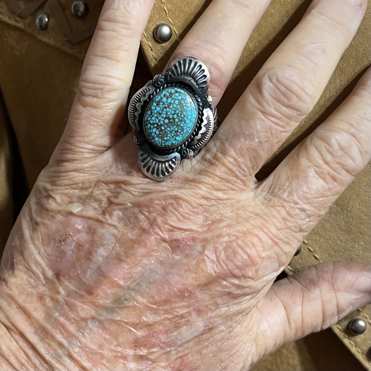 Size 8.5 / A  Beautiful High Grade, Blue, Kingman spiderweb Turquoise ring, Heavy handmade by Navajo artist, Gilbert Tom, signed,