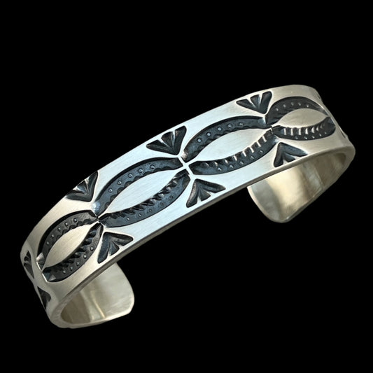 6.5" Heavy Stamped cuff bracelet 3, Navajo handmade Jerrold Tahe, sterling silver stack