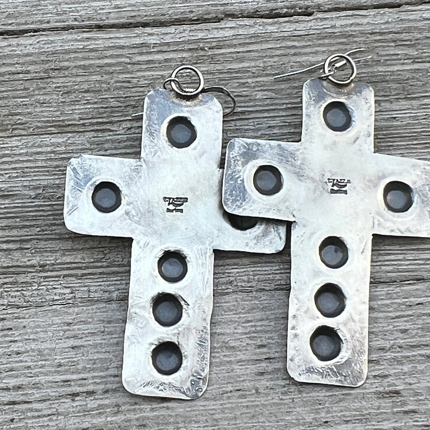Navajo handmade large cross dangle earrings sterling silver turquoise Tim Yazzie 396