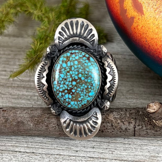 Size 8.5 / A  Beautiful High Grade, Blue, Kingman spiderweb Turquoise ring, Heavy handmade by Navajo artist, Gilbert Tom, signed,
