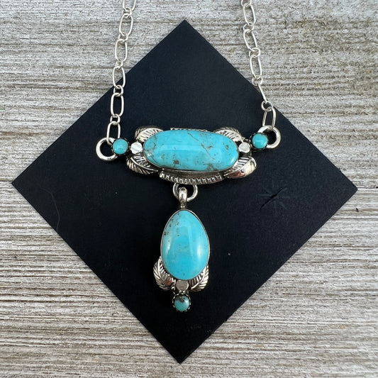 Light Blue Kingman Turquoise Drop 18" necklace, sterling silver Navajo handmade Emerson Delgarito