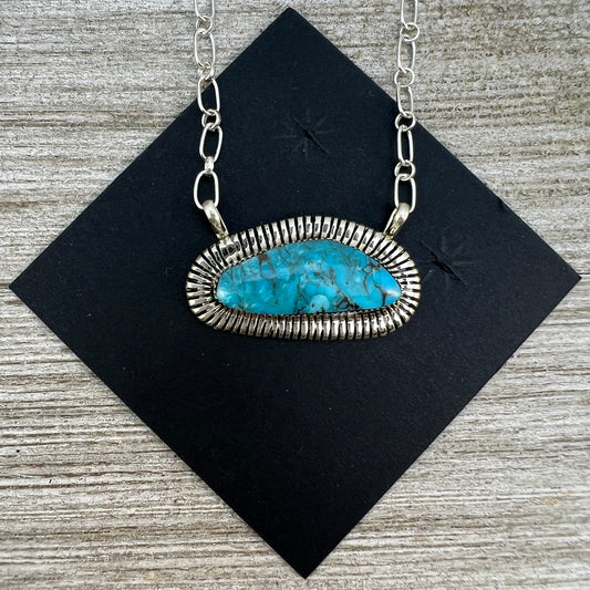 21" Blue Kingman turquoise bar necklace #3, Navajo handmade Charlene Yazzie, sterling silver