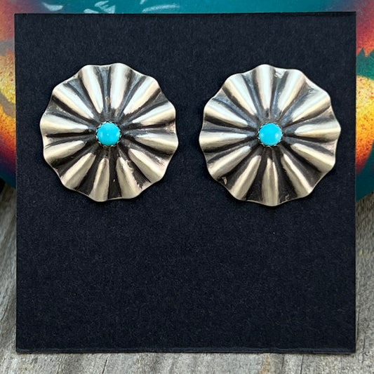 1" lightweight Corrugated stamped turquoise concho earrings Sterling silver Arlene Soce 657