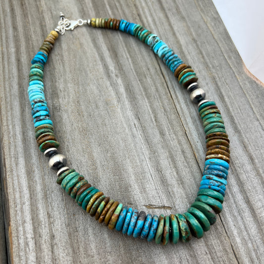 19 1/2" Turquoise Disc Necklace Choker Sterling Silver Beads, boho choker 640