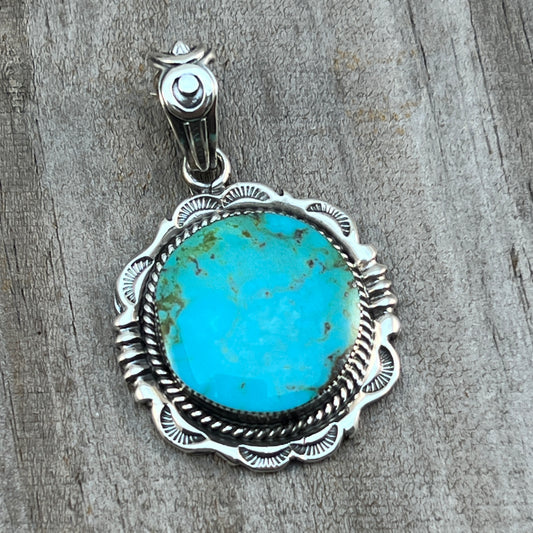 Kingman Turquoise Pendant Sterling silver Navajo handmade Jeremy Delgarito 554