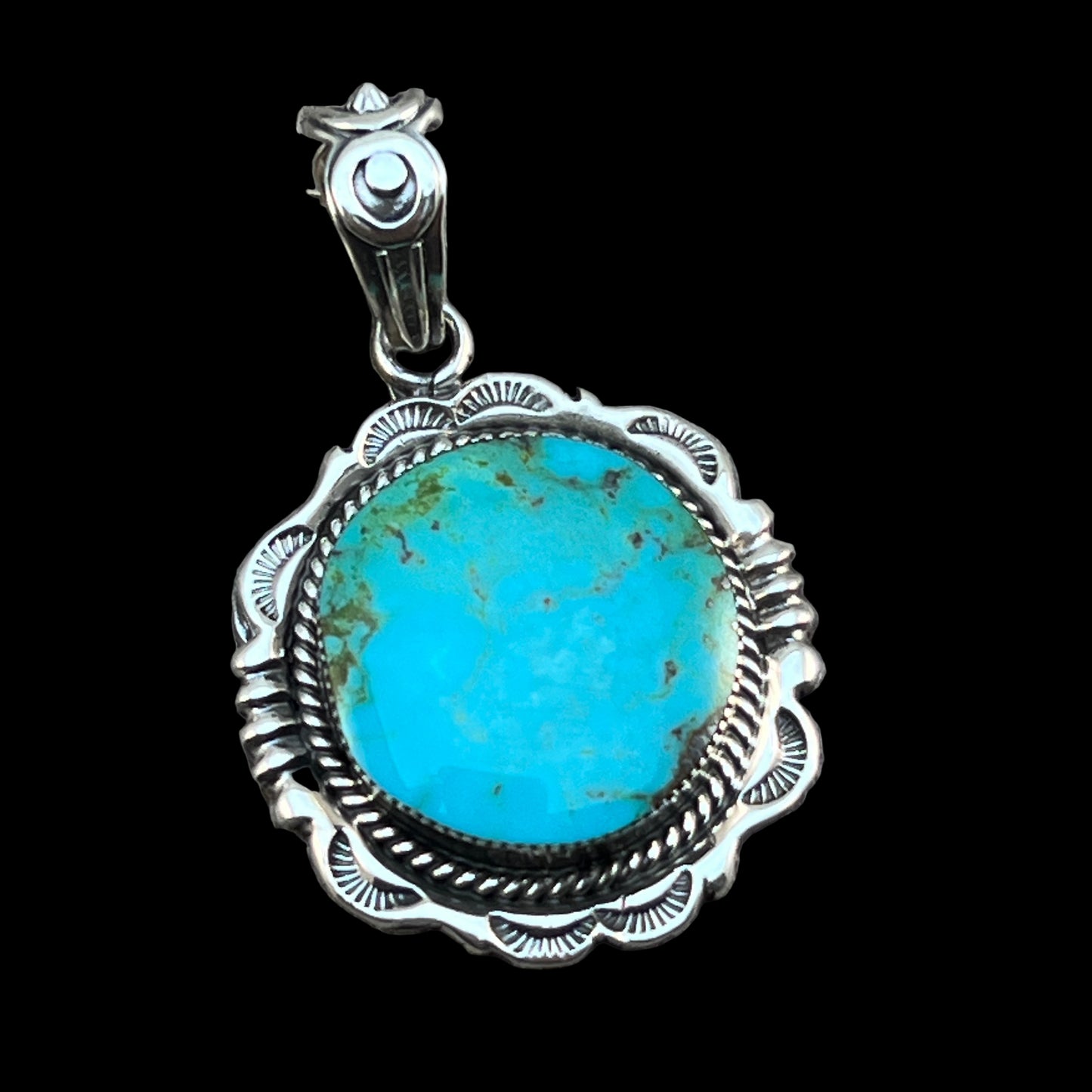Kingman Turquoise Pendant Sterling silver Navajo handmade Jeremy Delgarito 554