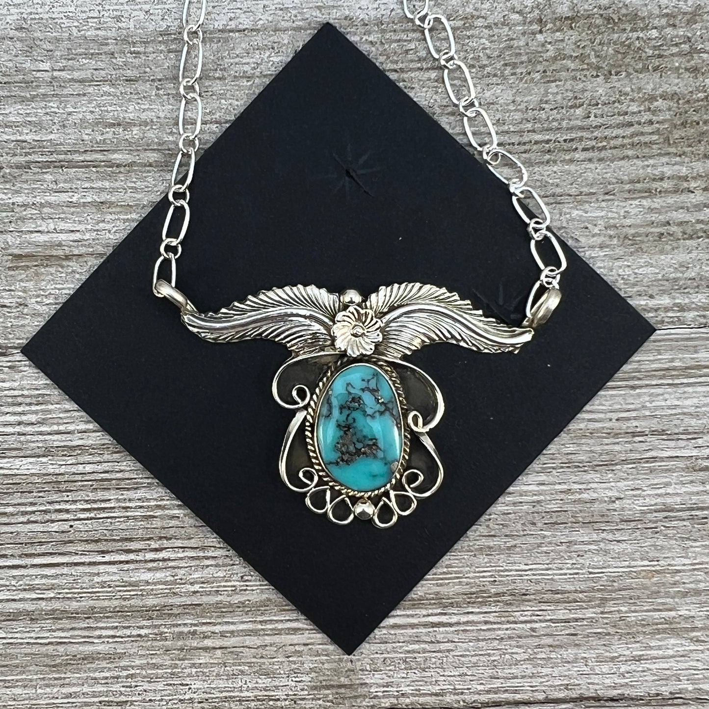 19" Floral leaf work necklace Kingman Turquoise, sterling silver, Navajo handmade by Sadie Jim