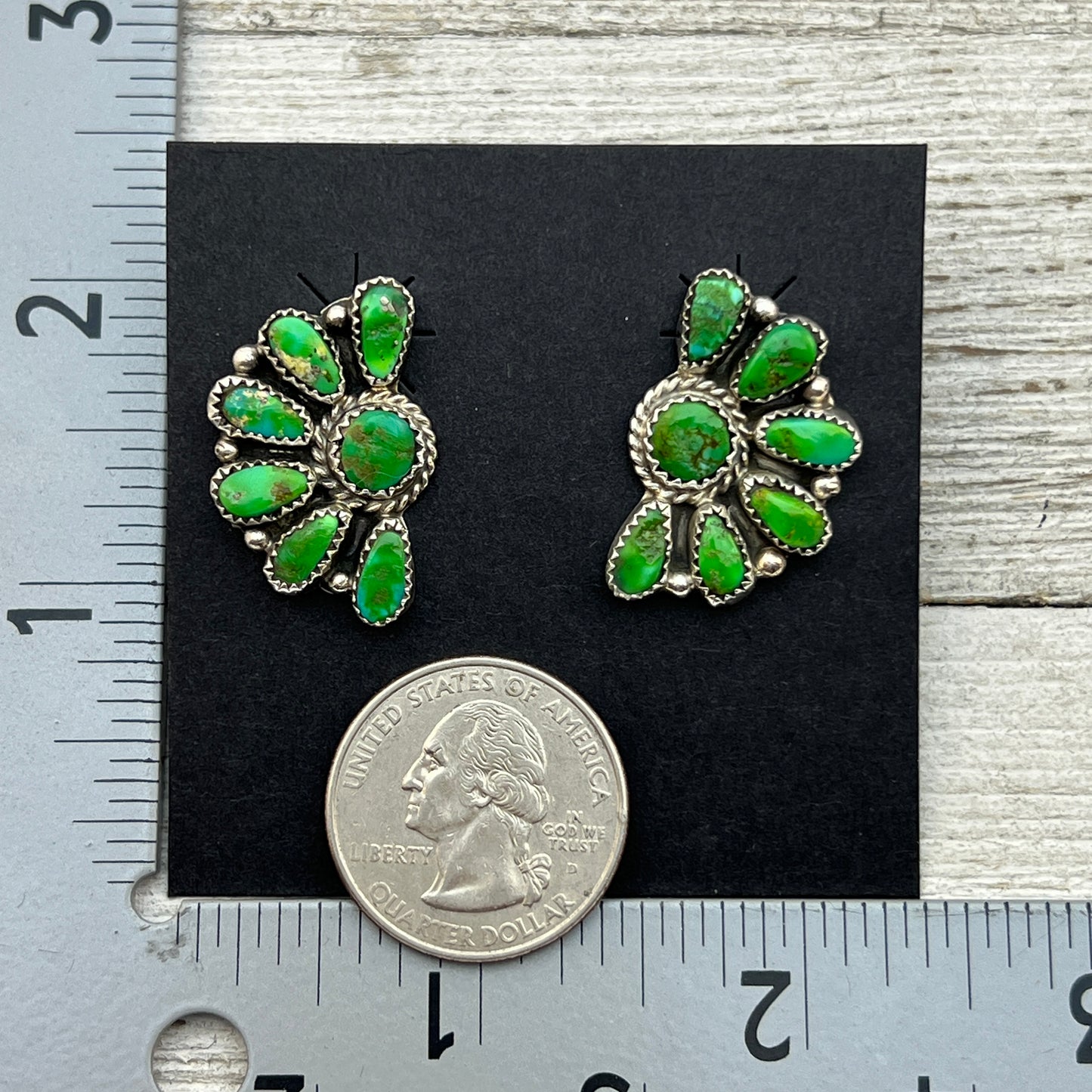 Bright Green Sonoran Gold turquoise Half Cluster earrings Justina Wilson Navajo 881