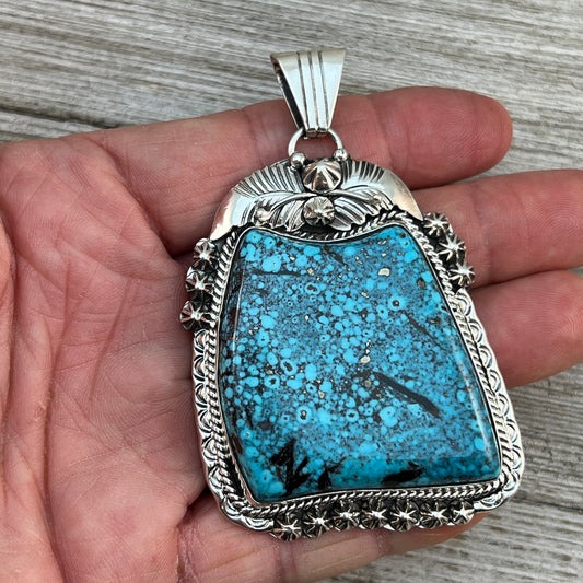 Blue Kingman Turquoise large Pendant Navajo Rita Long Sterling silver