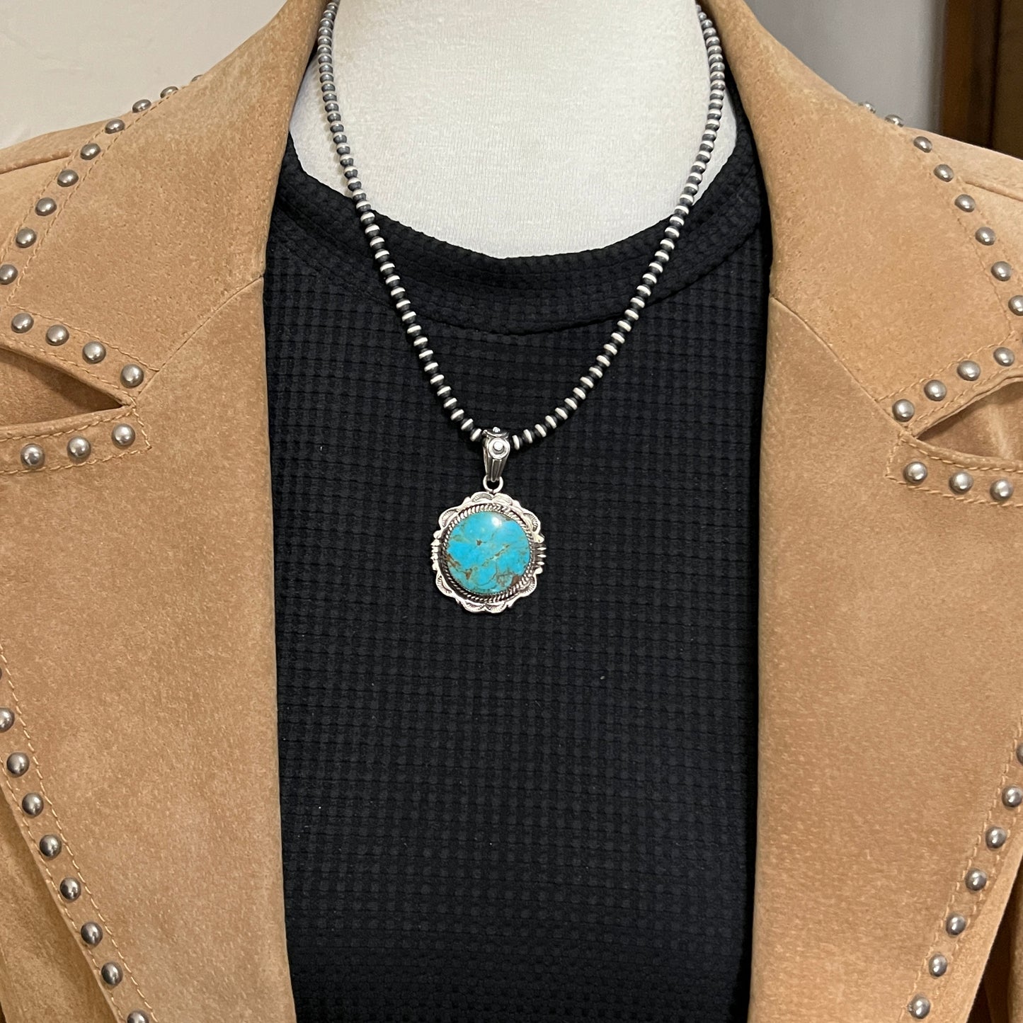 Kingman Turquoise Pendant Sterling silver Navajo handmade Jeremy Delgarito 557