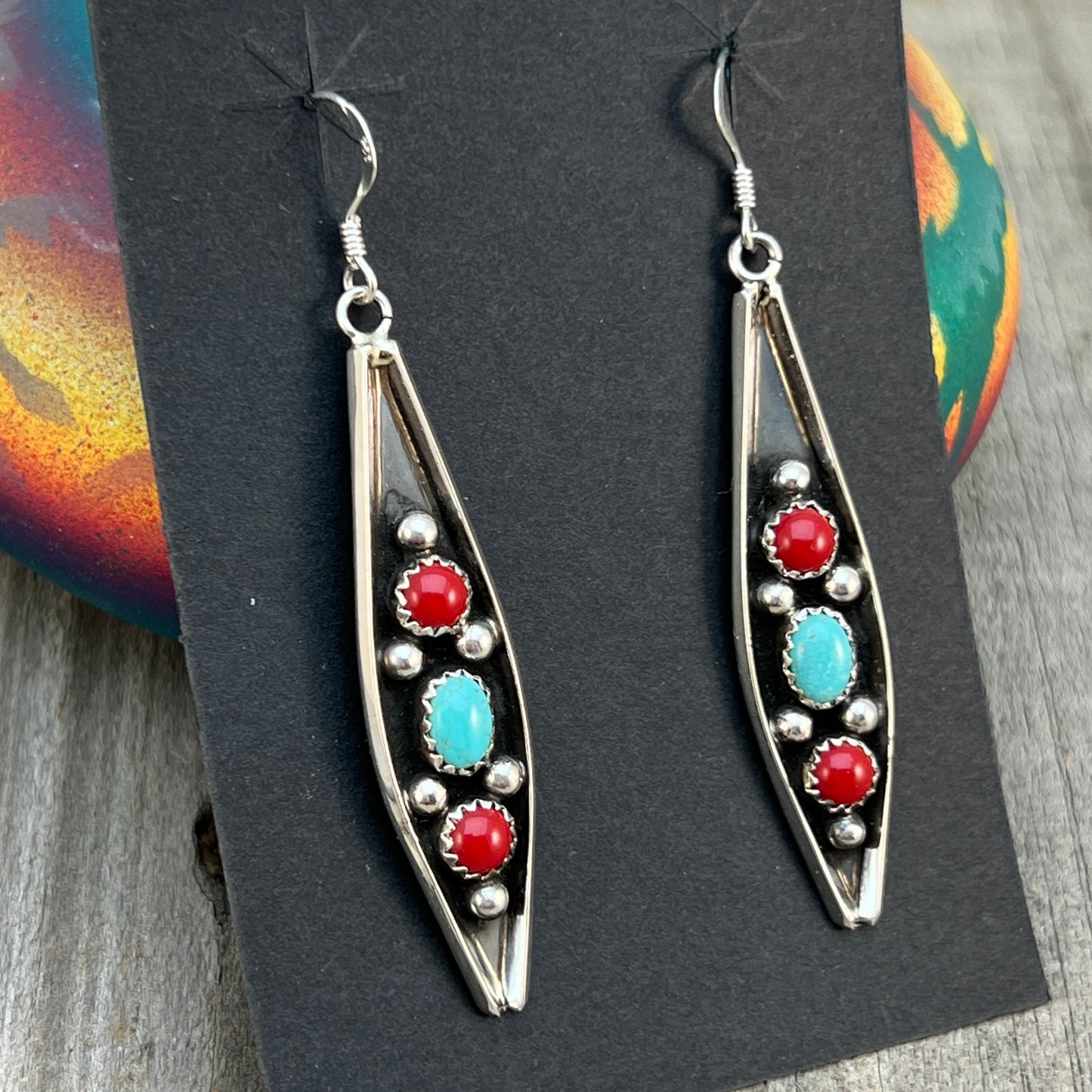Long slender Turquoise Red Coral Earrings Navajo handmade by Paul Largo sterling silver 663