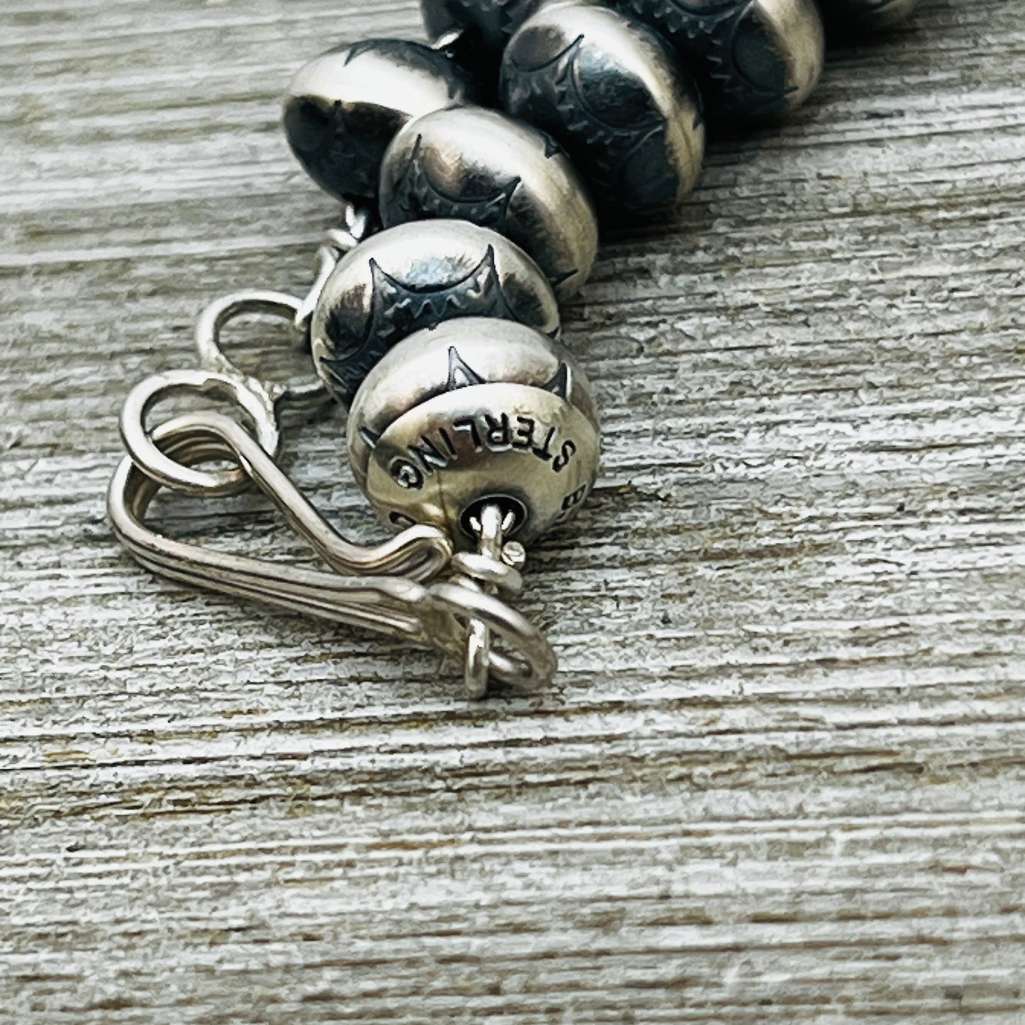 18" Sterling silver handmade Navajo Pearl Graduated stamped bead necklace Bryannen Halwood signed