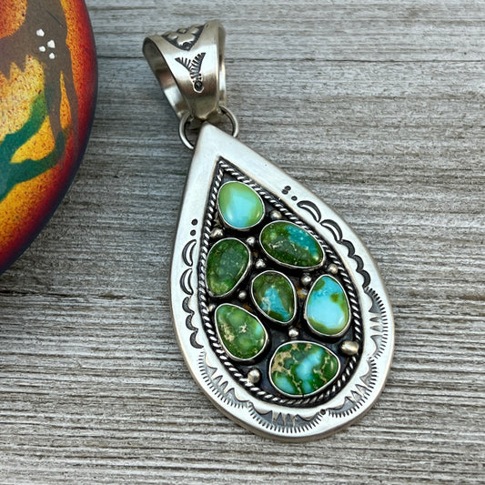 Sonoran Gold Turquoise Cluster Teardrop Pendant #2 Sterling silver Navajo Samuel Yellowhair