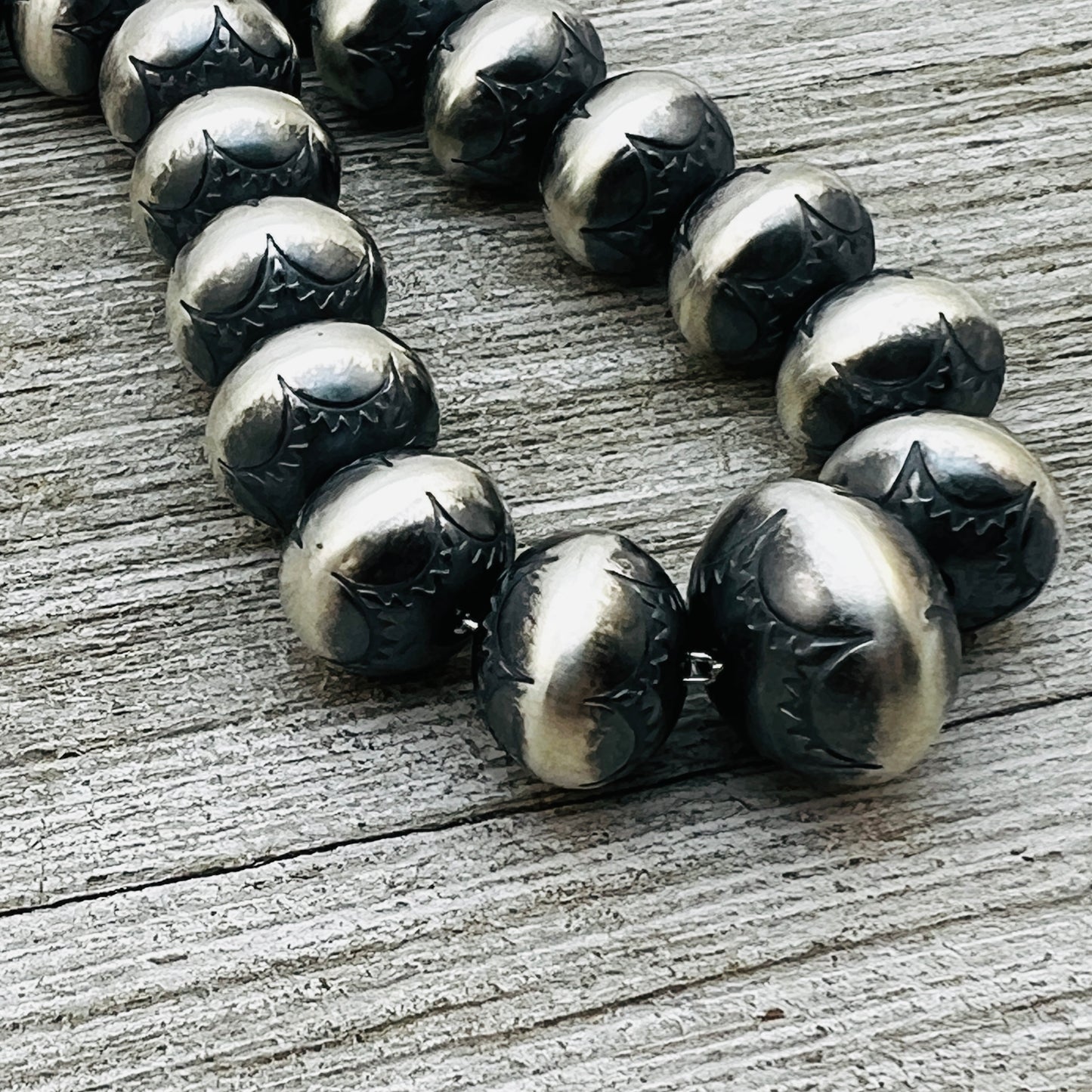 18" Sterling silver handmade Navajo Pearl Graduated stamped bead necklace Bryannen Halwood signed