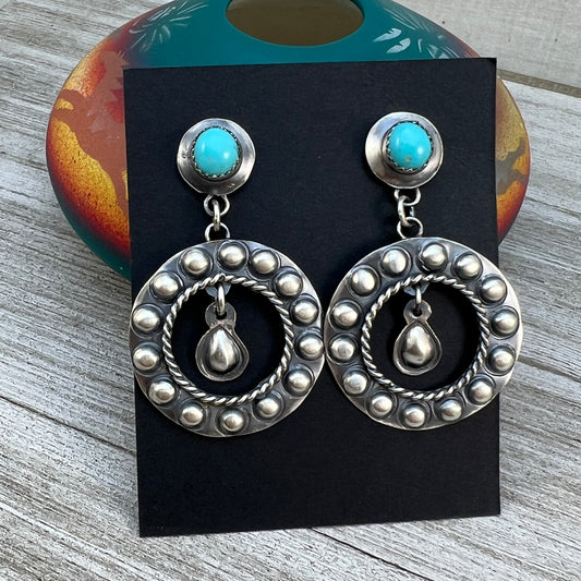 Navajo hand stamped turquoise hoop earrings sterling silver Gabrielle Yazzie