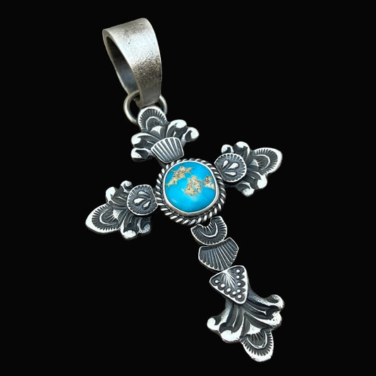 Kingman turquoise ornate cross pendant sterling silver Kevin Billah Navajo 808