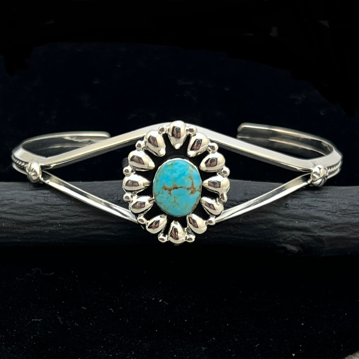 6 1/2" Stamped Navajo sterling silver turquoise cuff bracelet BR61