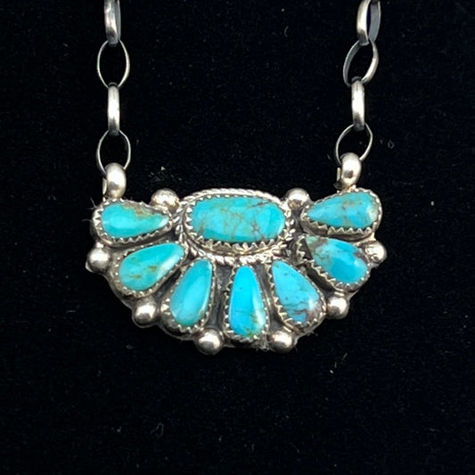 17" Kingman Turquoise half cluster necklace Navajo Alicia Wilson sterling silver