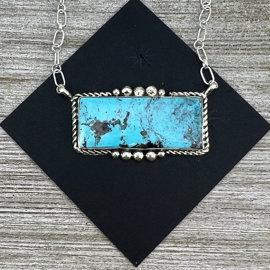 Light Blue Kingman turquoise rectangle bar necklace, #4 Navajo handmade Gilbert Smith, sterling silver