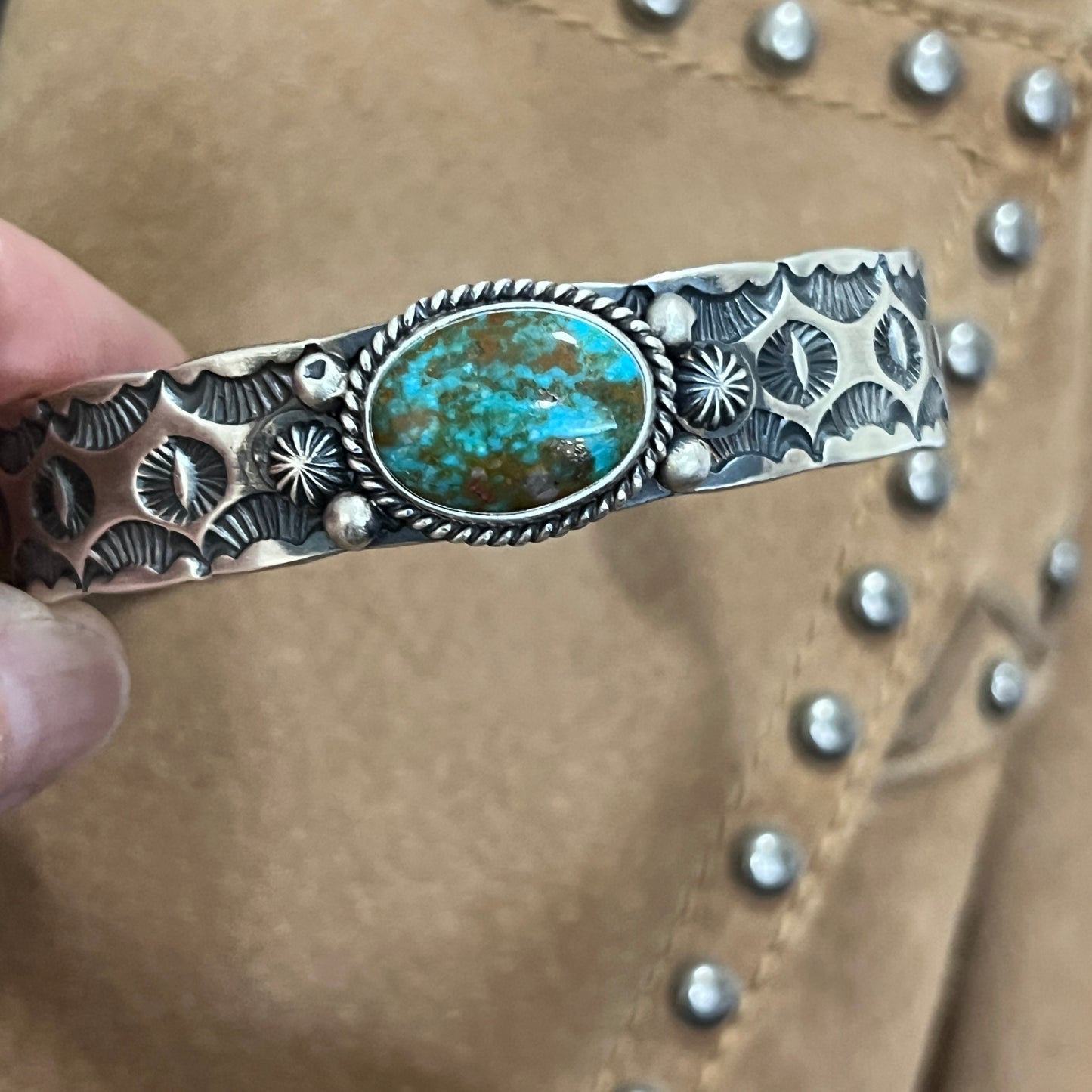 7" Kingman Turquoise Simple stamped Cuff Bracelet, Sterling Silver Navajo Kevin Billah