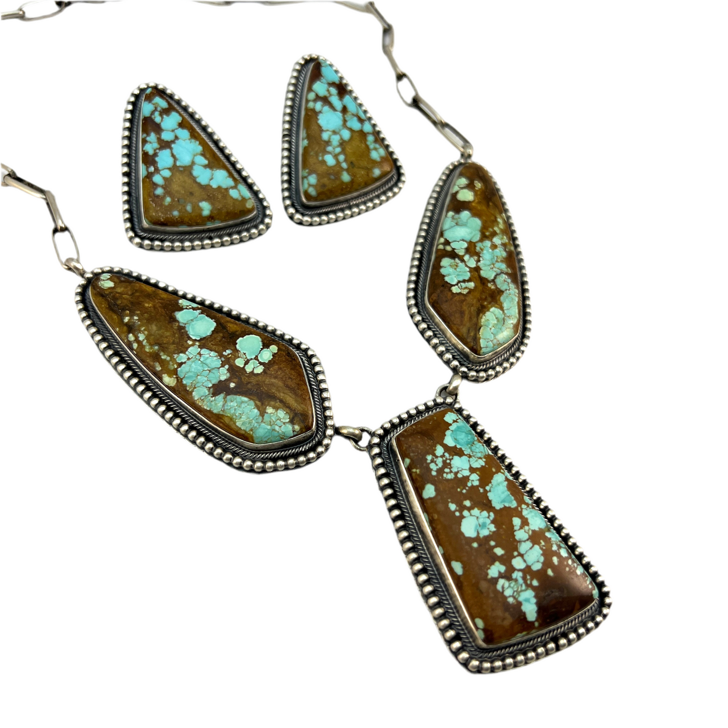 #8 Turquoise Station Necklace Earrings Set Sterling Silver Navajo Darrin Livingston 642