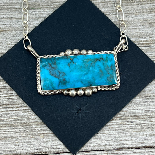 22" Blue Smokey Kingman turquoise rectangle bar necklace, #1 Navajo handmade Gilbert Smith, sterling silver