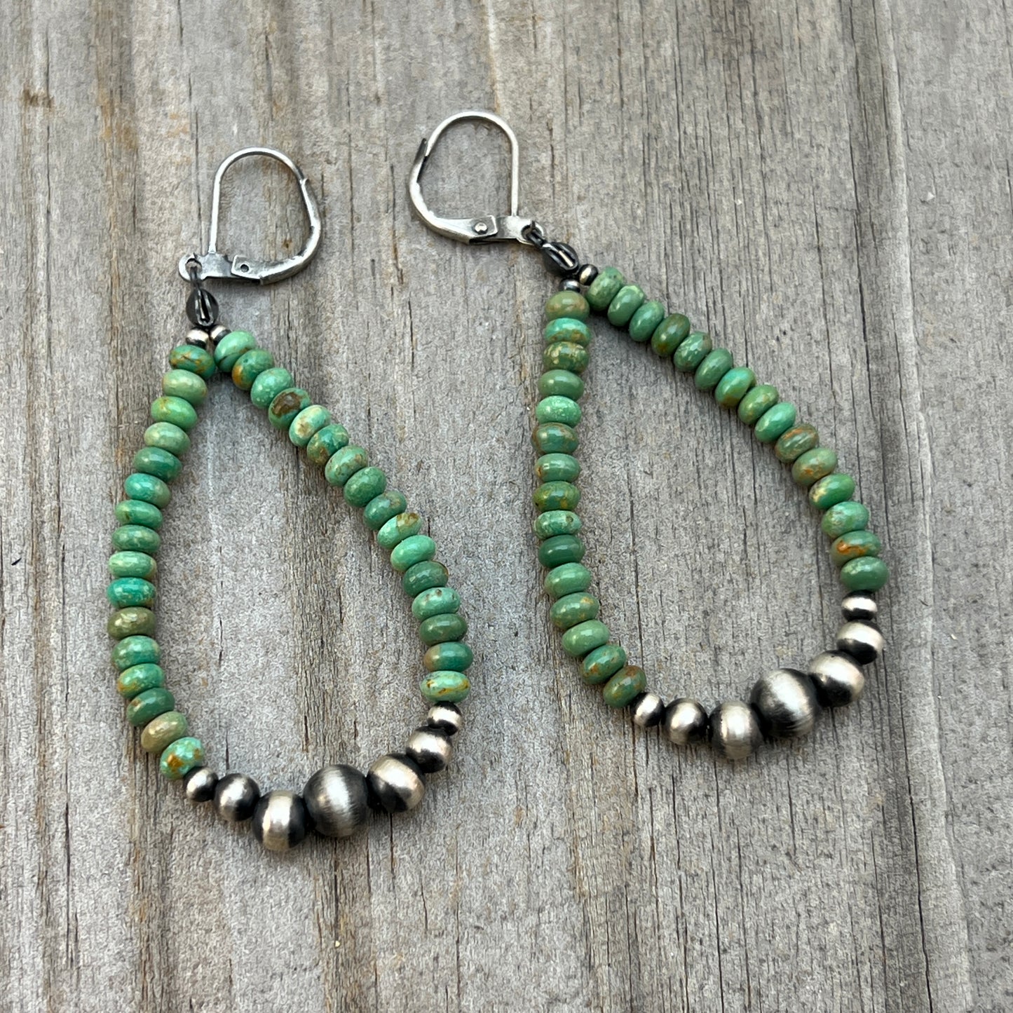 Green Turquoise hoop earrings Sterling silver Western pearls  802