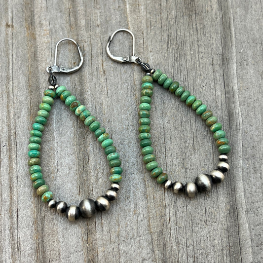 Green Turquoise hoop earrings Sterling silver Western pearls  802