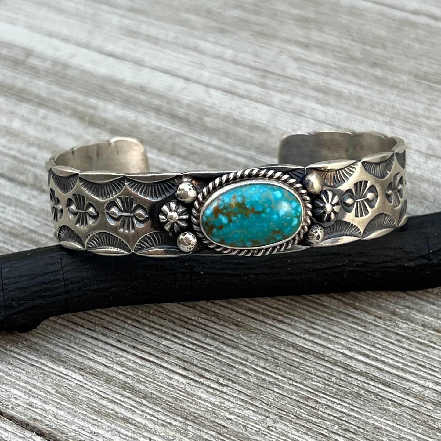 7" Kingman waterweb turquoise Cuff Bracelet, Sterling Silver Navajo Kevin Billah