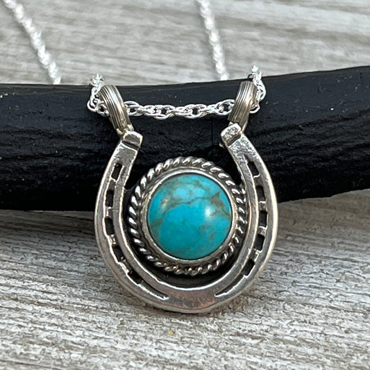 18" Sterling Silver Turquoise Horseshoe Necklace Cowgirl Rodeo Jewelry Annette Chiquito